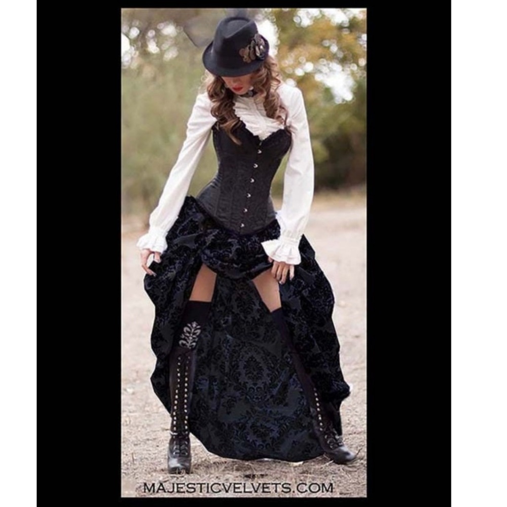 Black Ruffled Damask Bustle Skirt and Black Satin Corset (blouse not included)